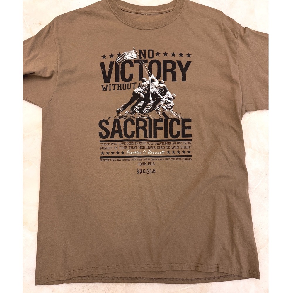 Kerusso Mens No Victory Without Sacrifice Iwo Jima John 15:13 T-Shirt Brown M